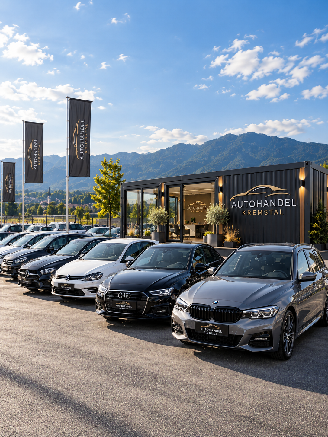 Autohandel Kremstal mit Fahrzeugen vor Bergkulisse